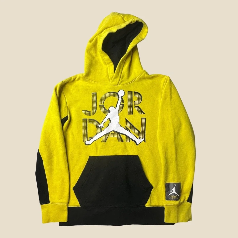 Jordan Hoodie Boys M 10-12 Flight Yellow Black Jumpman Graphic Logo Pullover